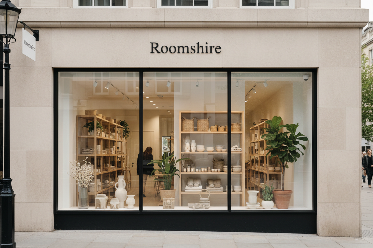 a stylish minimalist home decor store exterior, neutral beige stone facade, modern black window frames, large glass display window, warm inviting interior visible through glass, natural wood shelves with neatly arranged home goods, woven baskets, ceramics, linen textiles, indoor plants, calm Scandinavian Japandi aesthetic, clean typography store sign reading "Roomshire" centered above window, soft natural daylight, upscale boutique look, elegant and warm atmosphere, high-end London street feel, ultra realis